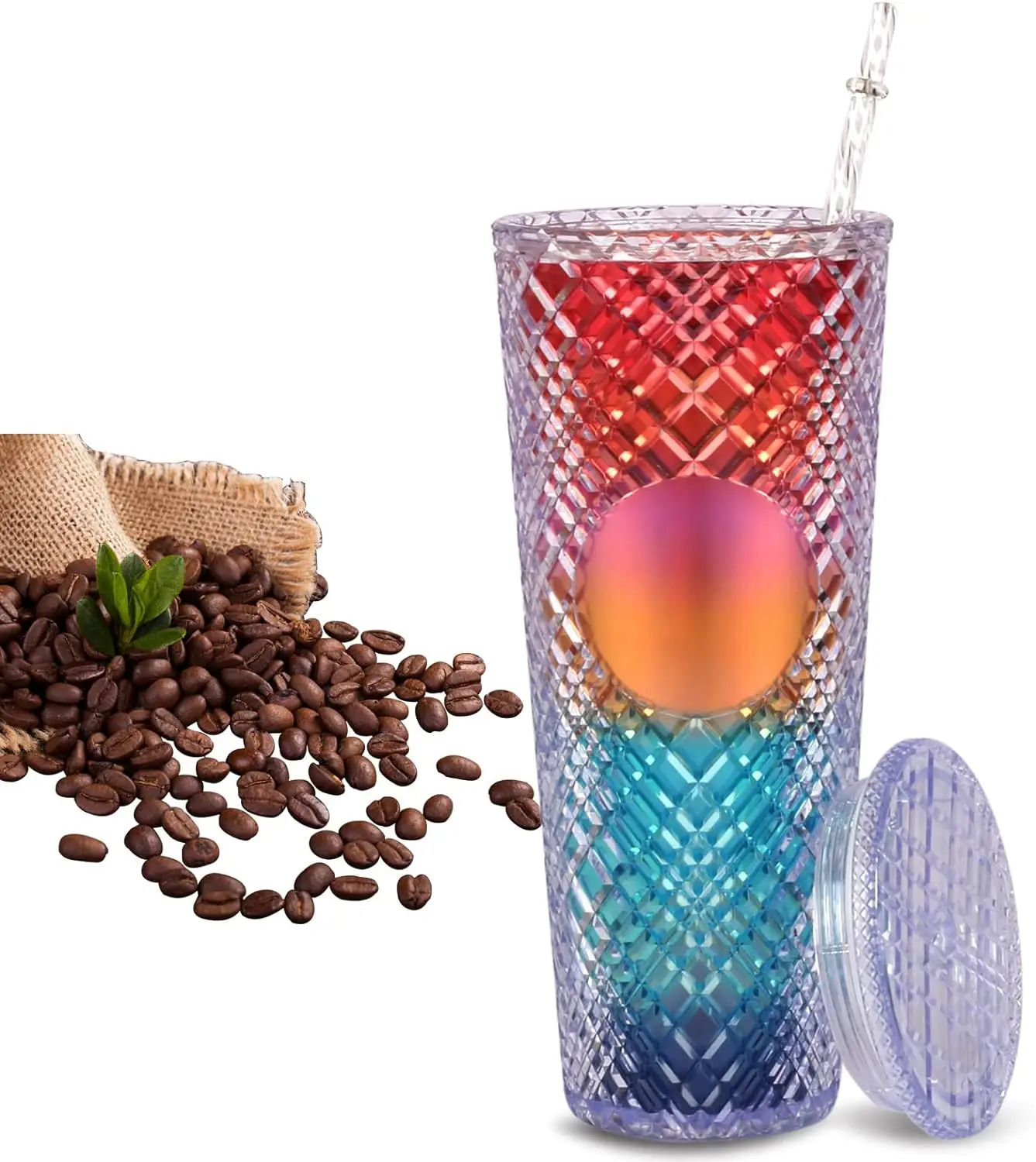 24 oz BPA Free Plastic Jeweled Double Wall Insulated Tumbler Coffee Cup Travel Mug with Lids and Straws Vulcanus