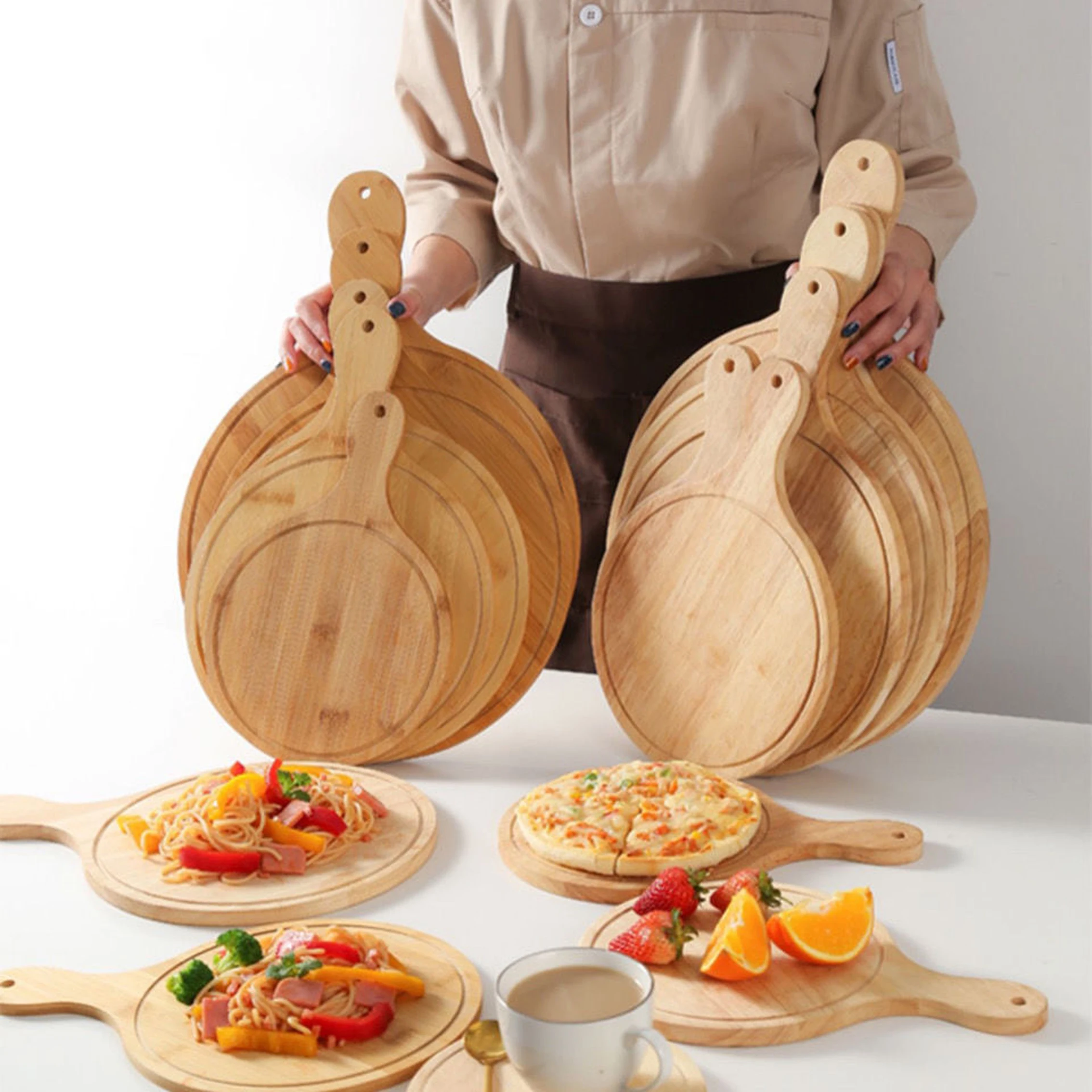 Custom High Quality 6-13 inch Bamboo Wood Serving Pizza Board Pizza Cutting Board Food Tray With Long Handle Kitchen Accessories