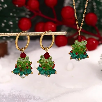 Colorful Christmas Tree Jewelry Gift Crystal Stainless Steel Jewelry Pendant Necklace And Earrings Jewelry Set For Women