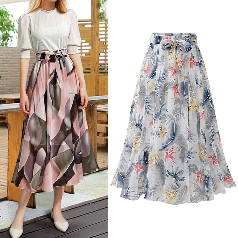 Women Tutu Tulle Skirt Elastic High Waist Layered Skirt Floral Print Mesh A-Line Midi Skirt