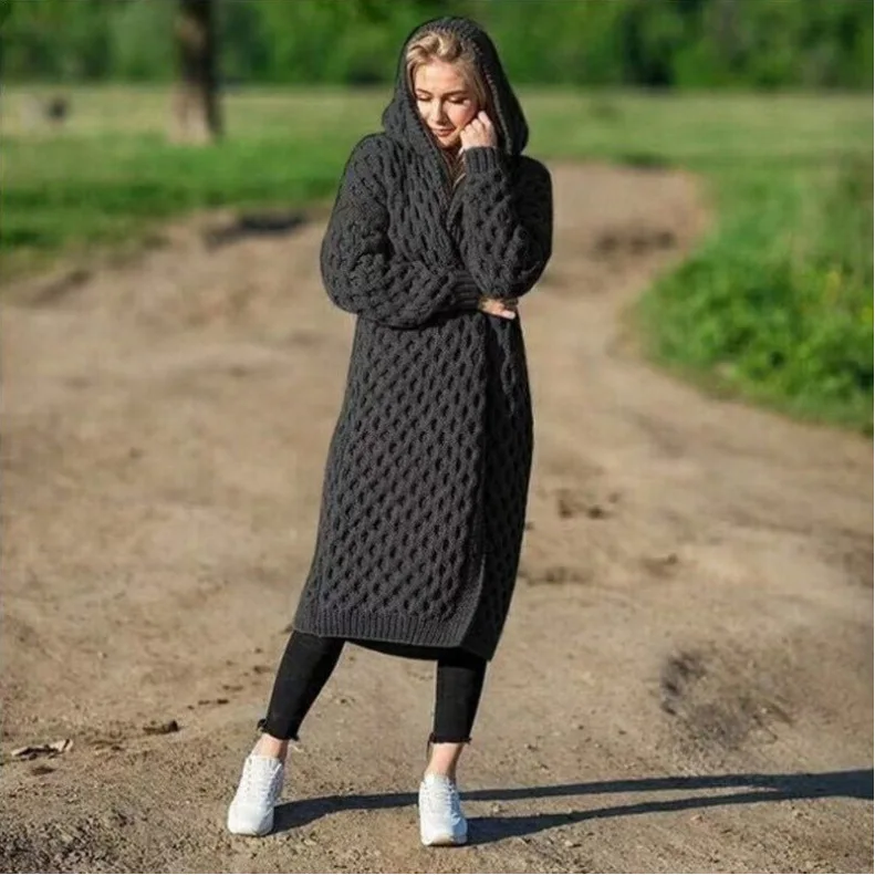 2021 autumn and winter warm new solid color fashion women's long knitted sweater hooded cardigan jacket plus size coats