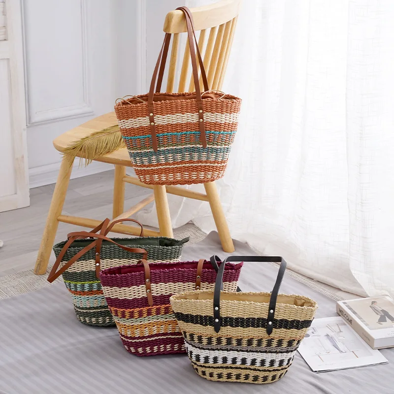 Colorful striped straw bag soft leather handle handbag Women's large capacity Tote bag Fashion popular woven vegetable basket