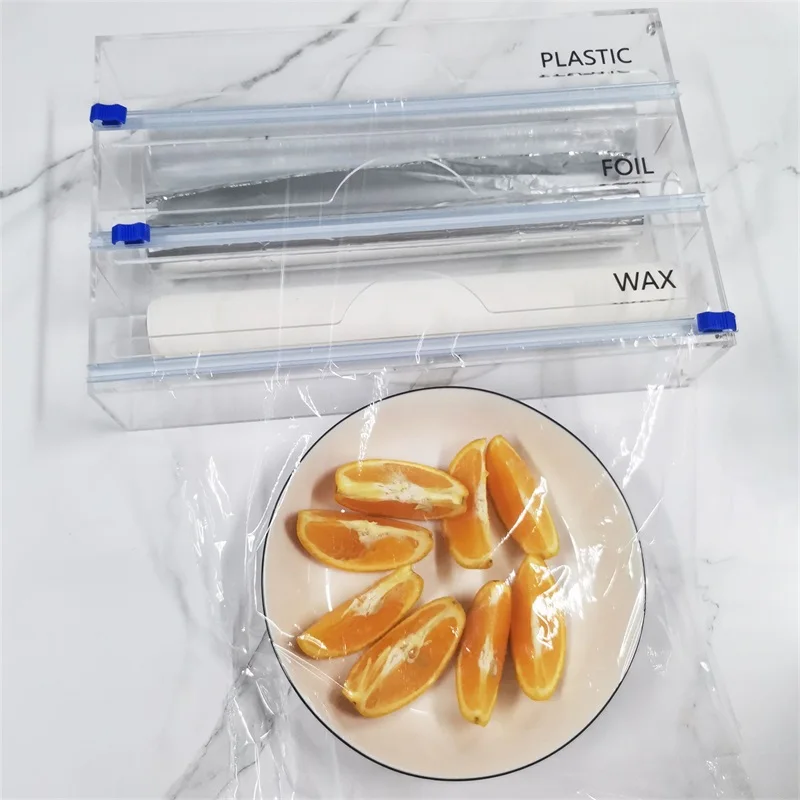 Factory Wholesale multifunctional  pvc cling film cutter box acrylic 3 in 1 slide cutter for cling film stock