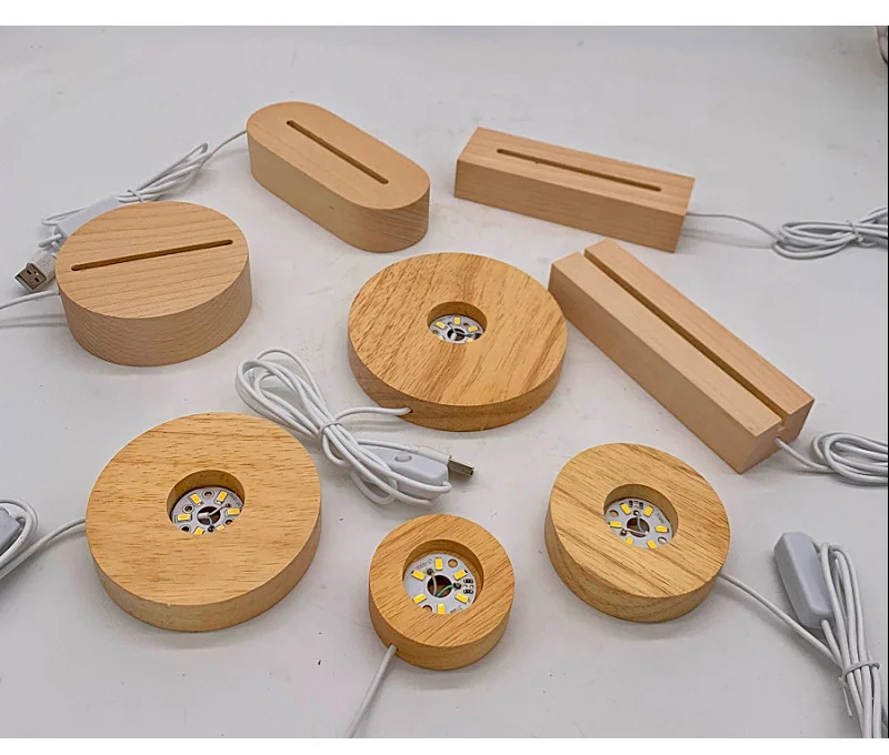 Round solid wood luminous base wooden LED crystal lamp holder USB interface nightlight crafts factory wholesale