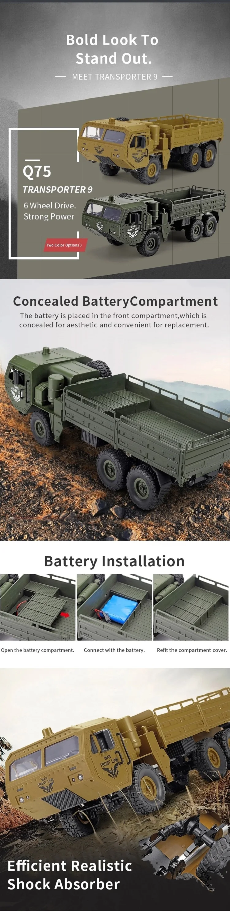 Jjrc Q75 Truck 6X6 Military Truck Models 1/16 Remote Control Army Car for Boys