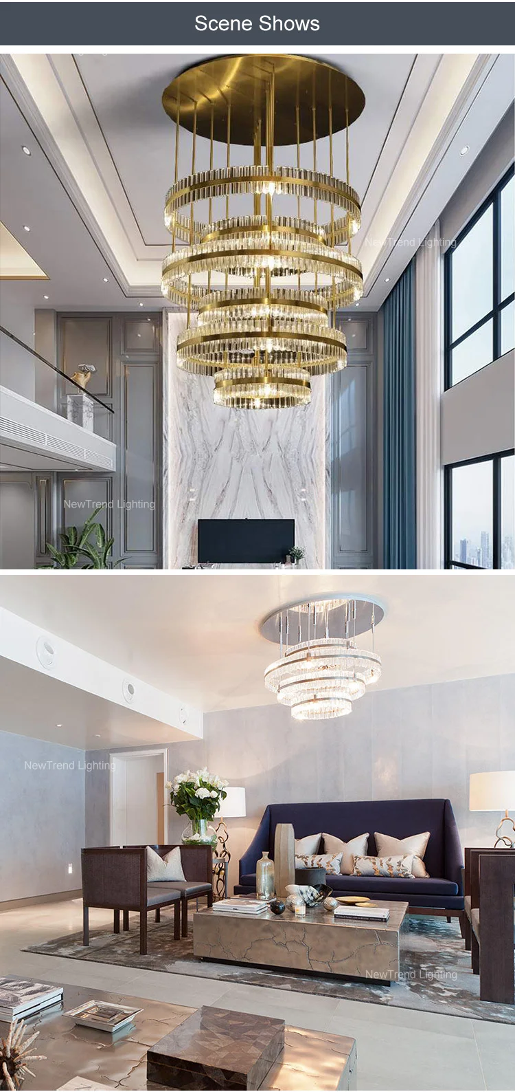CPL-185 Contemporary Design Indoor Decoration Hotel Villa Staircase Modern Ring Metal Crystal Luxury LED Chandelier Pendant Light manufacture
