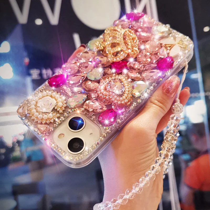 Handmade Luxury Bling Crystal Diamond Cover Mobile Phone Case For iPhone 15 14 13 12 11 Pro Max Xs Xr Crown Flower Women Case