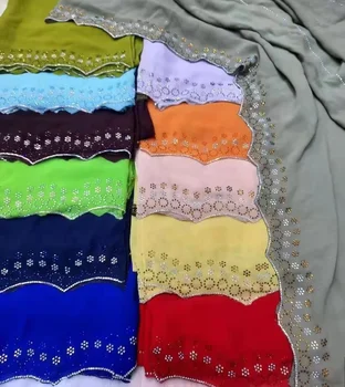 Wholesale custom printed big lace edge muslim chiffon women shawl head hijab scarf plain premium heavy rhinestone chiffon hijab