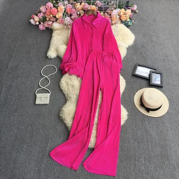 2022 Autumn 22 Solid Colors Hot Pink Pleated Pants 2 Piece Set Women High Quality Lounge Wear Sets Ladies Clothes