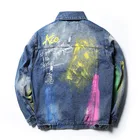 Fashion Streetwear Custom Print Mens Denim Coat Paint Splash Distressed Ripped Blue Jean Denim Jacket Men