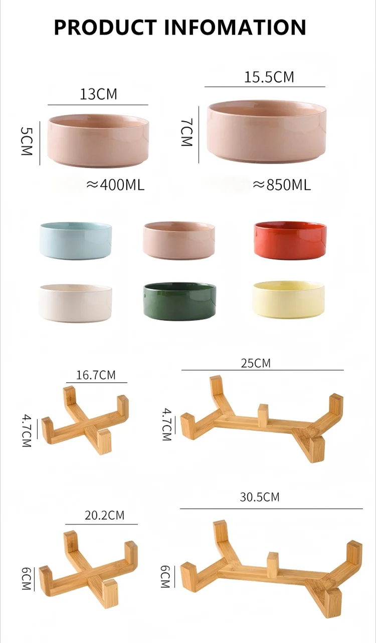 Wholesale Pet Cat Dog Ceramic Food Bowl With Raised Wooden Frame Multiple Colors Pet Feeder Ceramic Bowl
