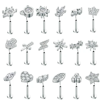 10Pc Stainless Steel Threadless Push in Ear Cartilage Tragus Helix Earring Piercing Cz Labret Stud Lip Ring Easy to Wear Jewelry
