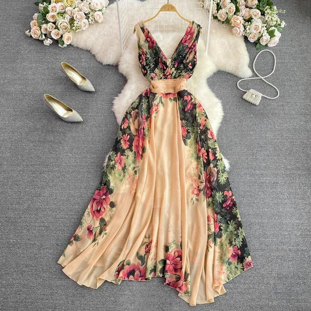 Custom Women Elegant Evening Dress Floral Print Sleeveless Bohemian Strap V-neck Chiffon Long Dress Lady Wedding Maxi Dress