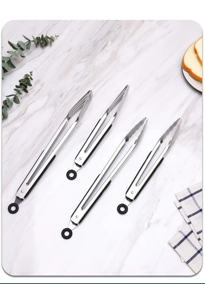 Kitchen Cooking Tongs 9/12 Inches Bread/Meat Food Tongs Stainless Steel Heat Resistant Locking Grill Tongs