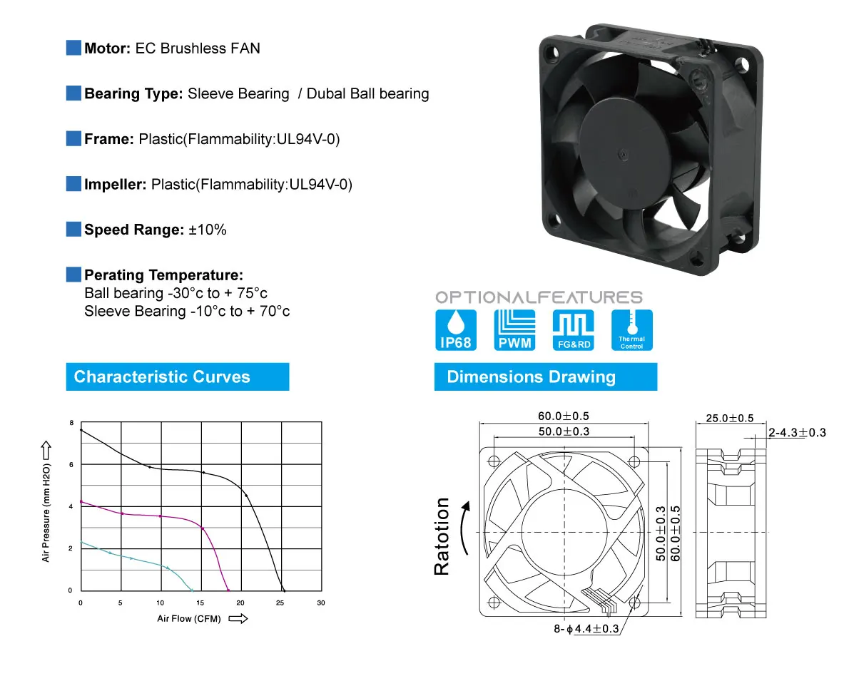 Cooling Fan, 60x60x25mm, 110V, 120V, 220V - detail 2