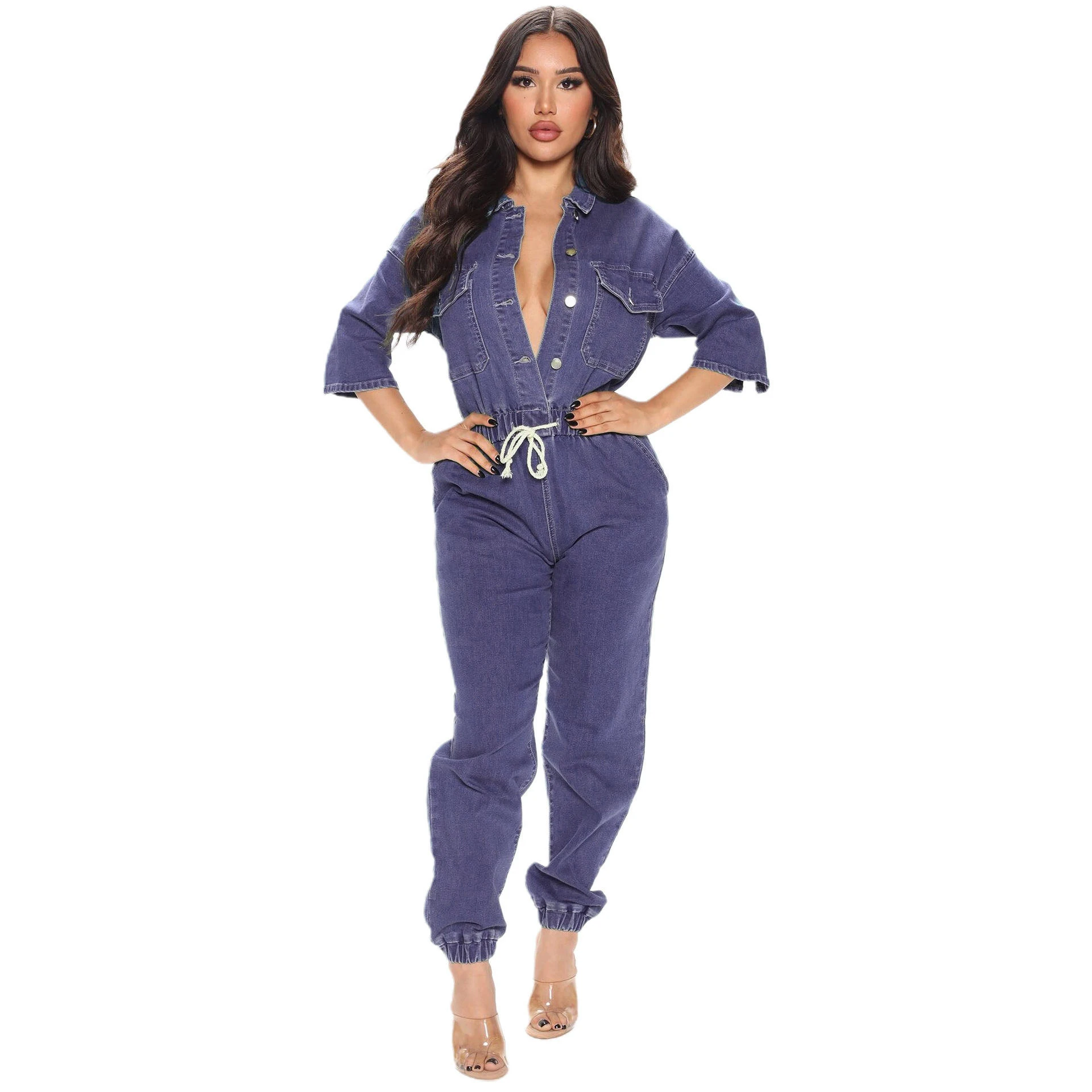 Hot Sale Plus Size Loose Jeans Rompers Casual Style One Piece Jumpsuit for Women Autumn Denim Outfits Wholesale Clothing factory