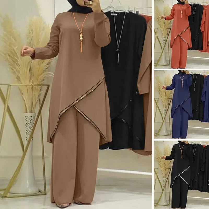 Wholesale Women's Islamic Clothing Set-O-Neck Top Trouser Solid Pattern Casual Style Arab Muslim Abaya for Summer 2 Pieces manufacture