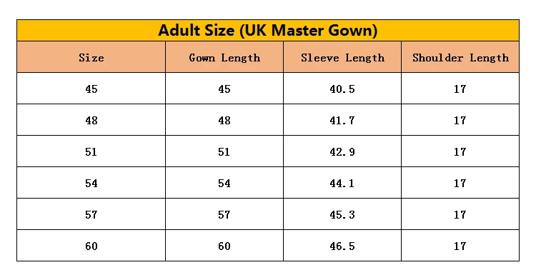 Graduation gown sizing guide from 45 to 60 inches Comprehensive size chart for UK master graduation gowns
