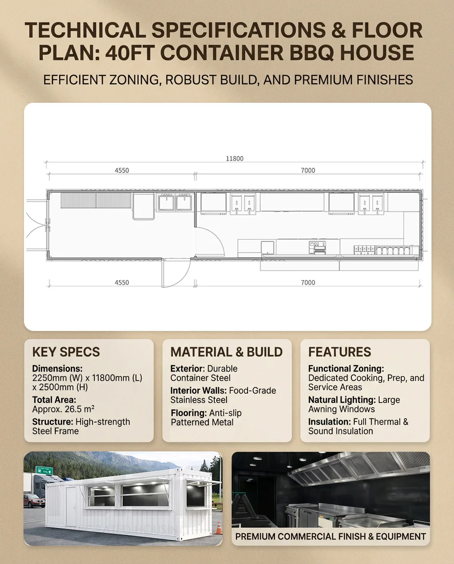 product customizable popular steel structure mobile 40ft commercial modular shipping bbq container kiosk with full kitchen-1
