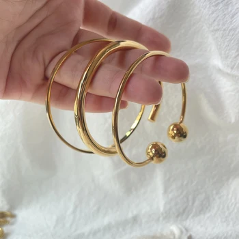 2 Designs Solid Double Ball Open Bangles Thick Circle Plain Bangles for Women 18K Gold Plated Stainless Steel Jewelry Adjustable