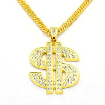 Mens Punk Hips Hops 18k Gold Plated Crystal Diamond Dollar kolye Necklace Rhinestone Dollar Sign Pendant Necklace Jewelry