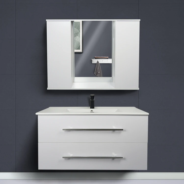 Modern Simple Creative Wall-Mounted Bathroom Vanity Mirror Cabinet Melamine Plywood with Ceramic Countertop for Hotels factory