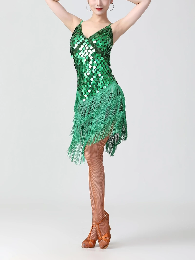 Women Shiny Sequins Fringed Latin Dance Dress Adjustable Spaghetti