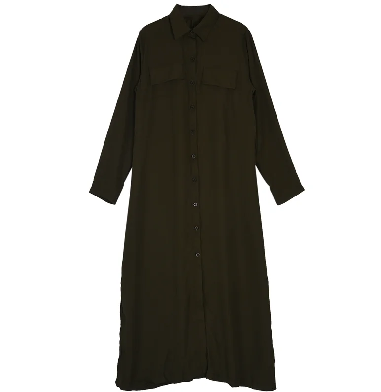 Hot Sale Fashion Wholesale Ladies Solid Color Open Button Long Sleeve Shirt Casual Long Dress