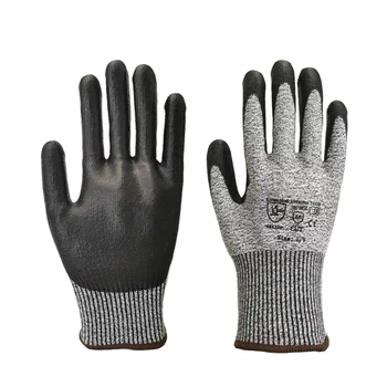 13G HPPE Level 5 Protection Anti cut Glove Black PU Palm Coated Cut Resistant Gloves