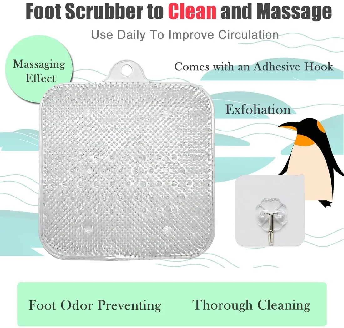 PVC Rect Shower Foot Scrubber Cleaner with Non-Slip Suction Cups Exfoliates Feet No Bending Bathtub Foot Care Brush Massager Mat