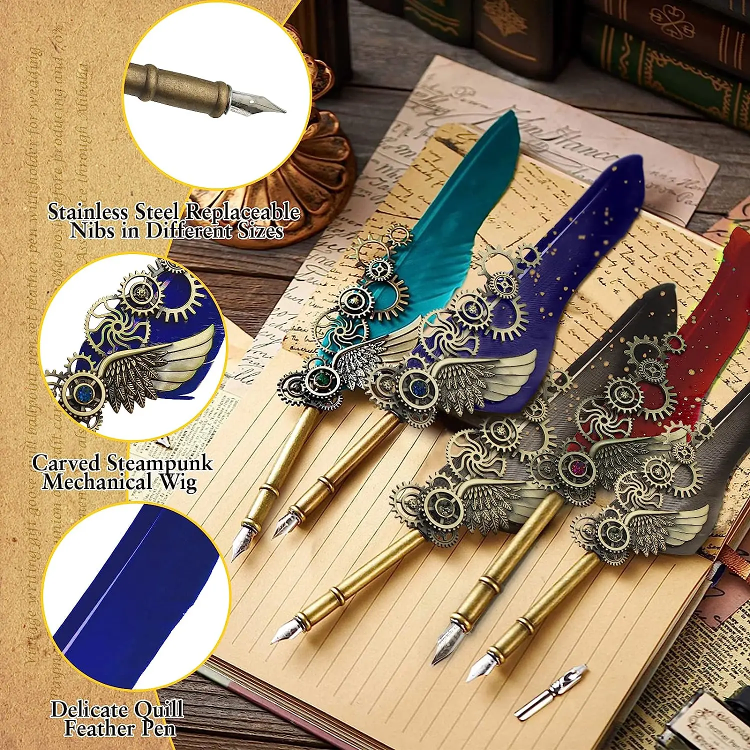 Xinyiart Calligraphy Pen and Ink Set Antique Writing Quill Ink Dip Feather Pens With Replacement Pen Tips