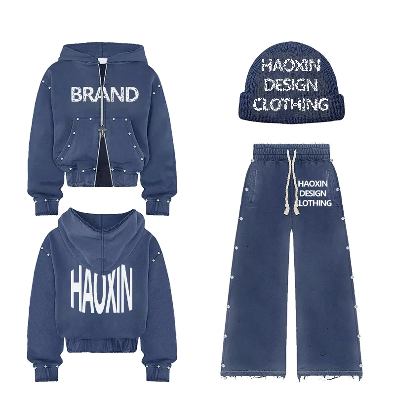 Custom Rhinestone Hoodie Men Oversized Cropped Acid Wash Zip up Distressed Vintage Sweatpants and Hoodie Set supplier