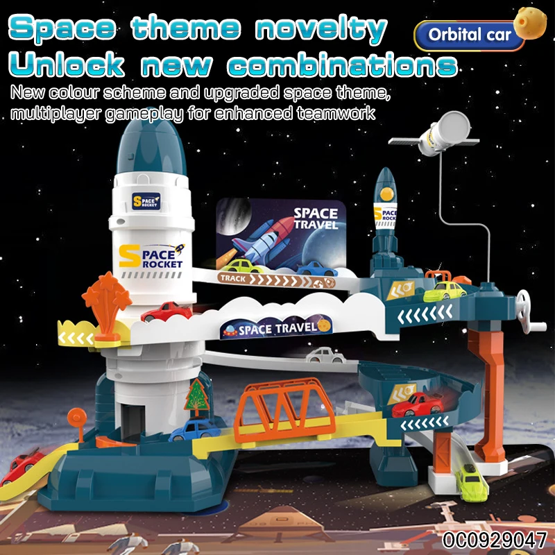 Space theme electric slot game car racing track toys with light up and music