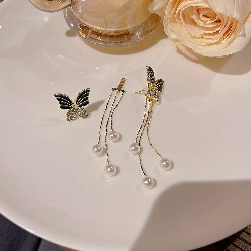 Korean Ins New Black Butterfly Earrings Light Luxury Fashion Long Tassel Pearl Earring Personality Wild Ear Studs