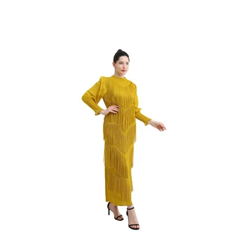 Miyake Pleated Luxury Yellow Long Lantern Sleeve Soft Casual Dresses For Women Maxi Prom Party Church Flowing Tassels Modest