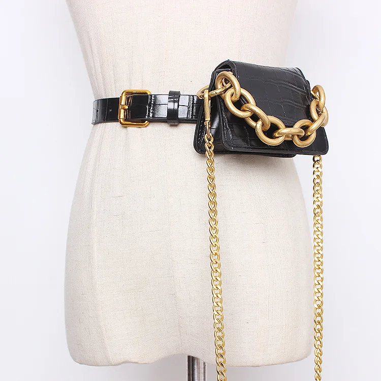 Wholesale Hot Selling mini small designer ladies women metal gold chain  crocodile pattern leather belt women's fanny pack waist bag From  m.