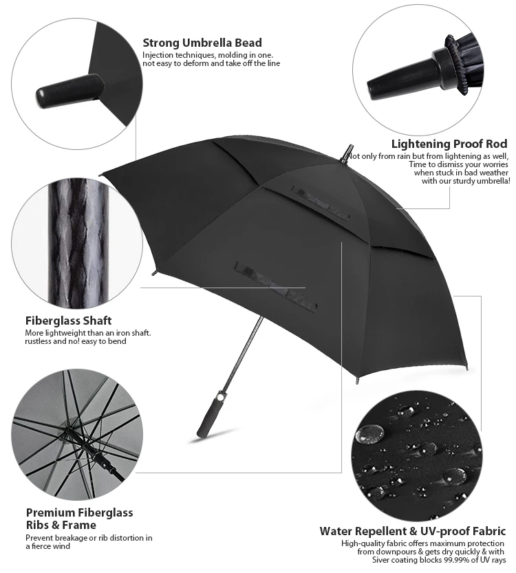 Wholesale Custom Logo big Double Canopy Vented Windproof Umbrella Automatic Open Straight Golf Umbrella with logo