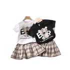 Summer Skirts Sets IHJ3105 Kids Clothing Summer New Little Girls' Short-sleeved T-shirt + Plaid Skirts Sets