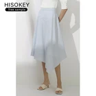 Skirt Ladies HISOKEY Asymmetric Design Elegant Half Skirt Blue White Stripes Casual Skirt For Office Ladies And Womens