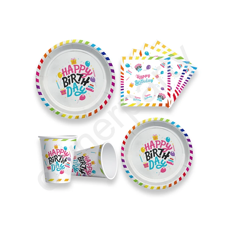 Free Sample Custom Wholesale Party Supplies Printed Happy Birthday Theme Party Tableware Sets With Paper Cup Plates Napkins