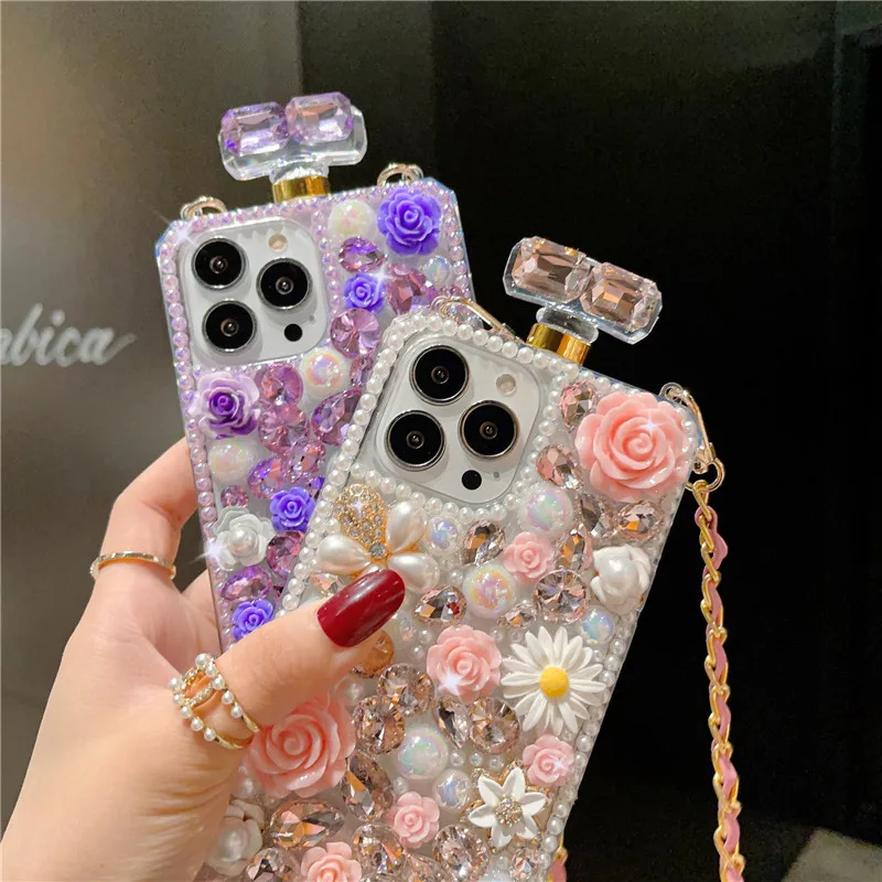 Luxury Bling Diamond Crossbody Phone Case For iPhone 14 13 12 11 Pro Max With Chain