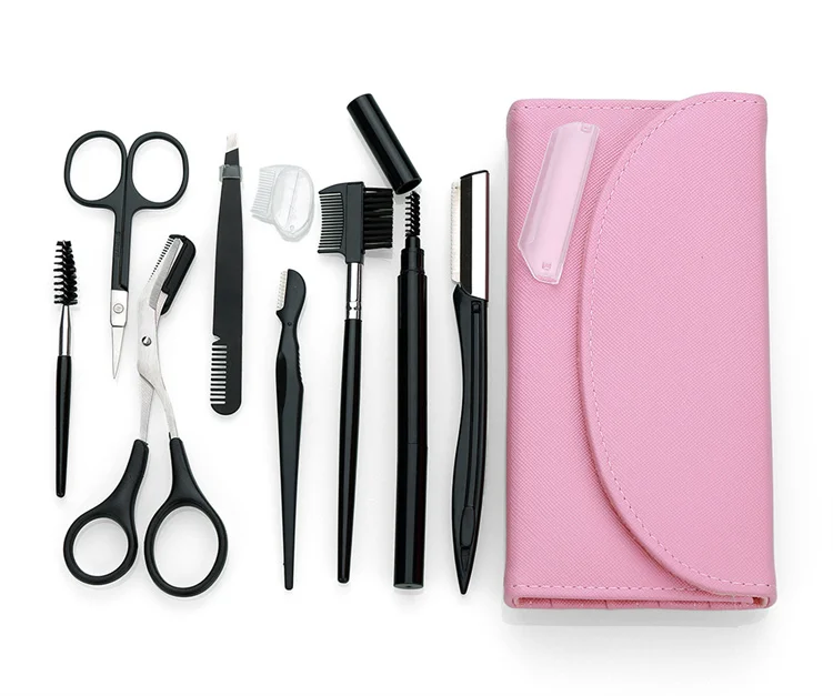 8-Piece Leather Bag Beauty Tools Kit Pencil Brush Trimmer & Eyebrow Scissors Shaper for Baby Hair Clippers