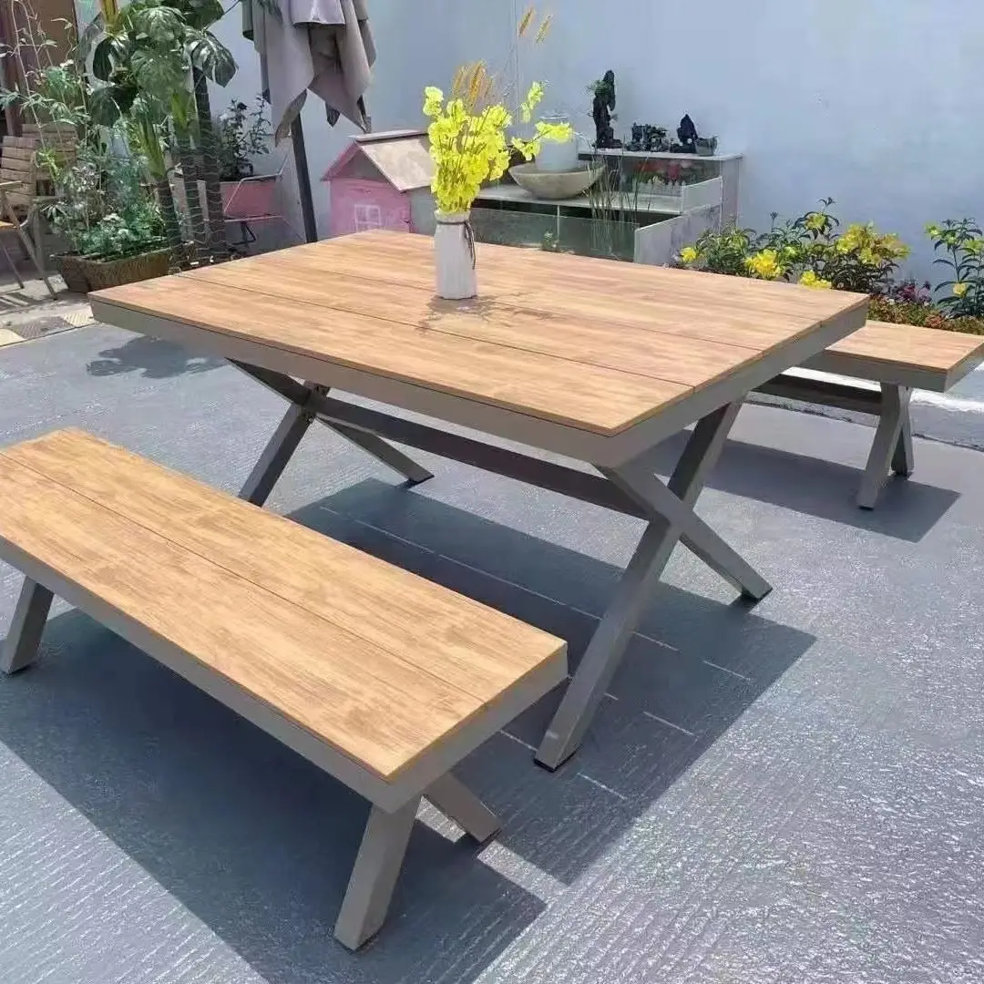 wood plastic Dining Table patio Chairs Outdoor restaurant Furniture Dining Table Set 8 Seater Wood Modern patio furniture