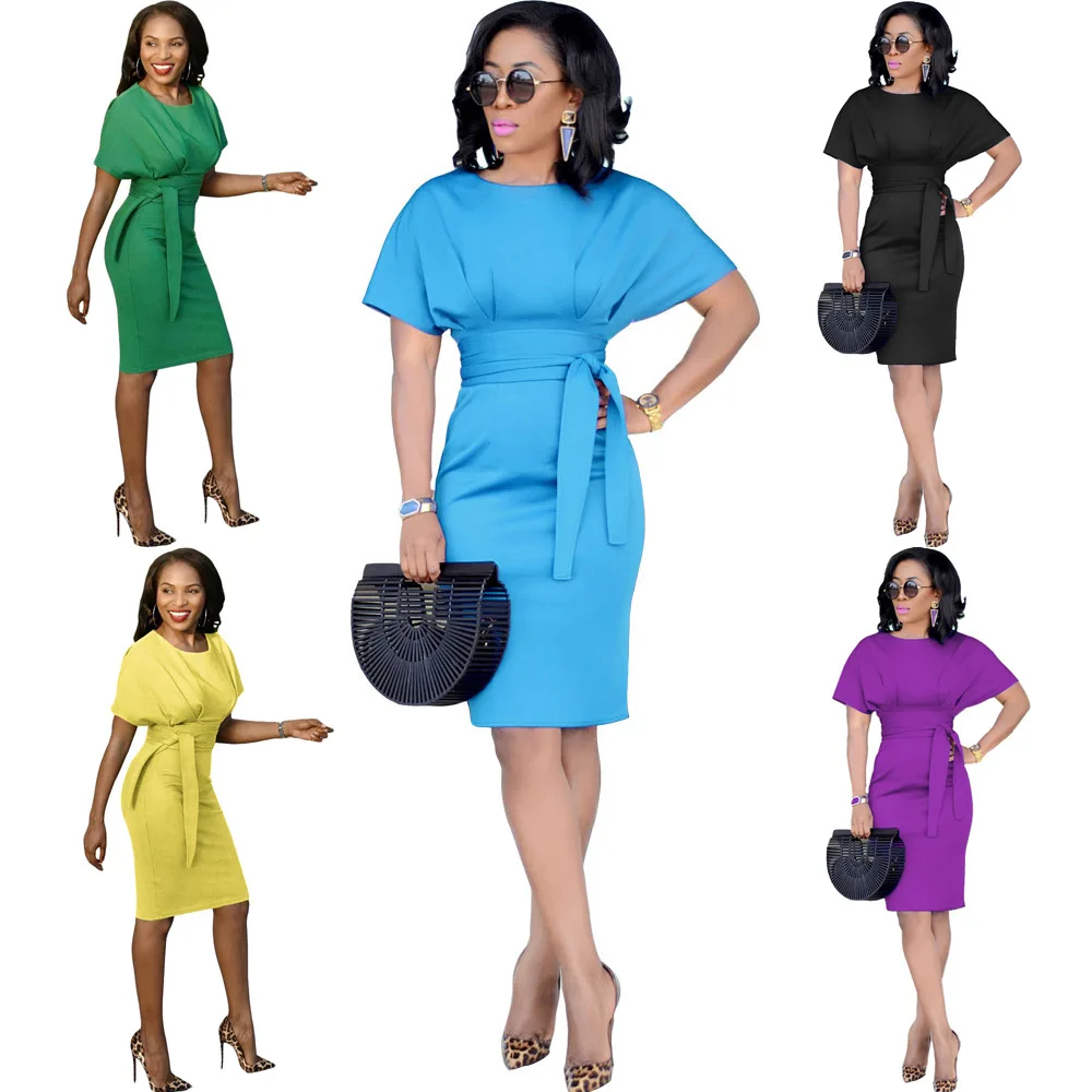 Dress,Women Round Neck Bat Sleeve 