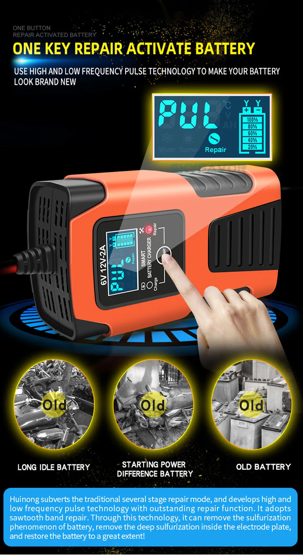 Most selling 6 volt battery charger 6V 12V 2A Universal automatic deep cycle lead acid pulse repair motorcycle battery charger