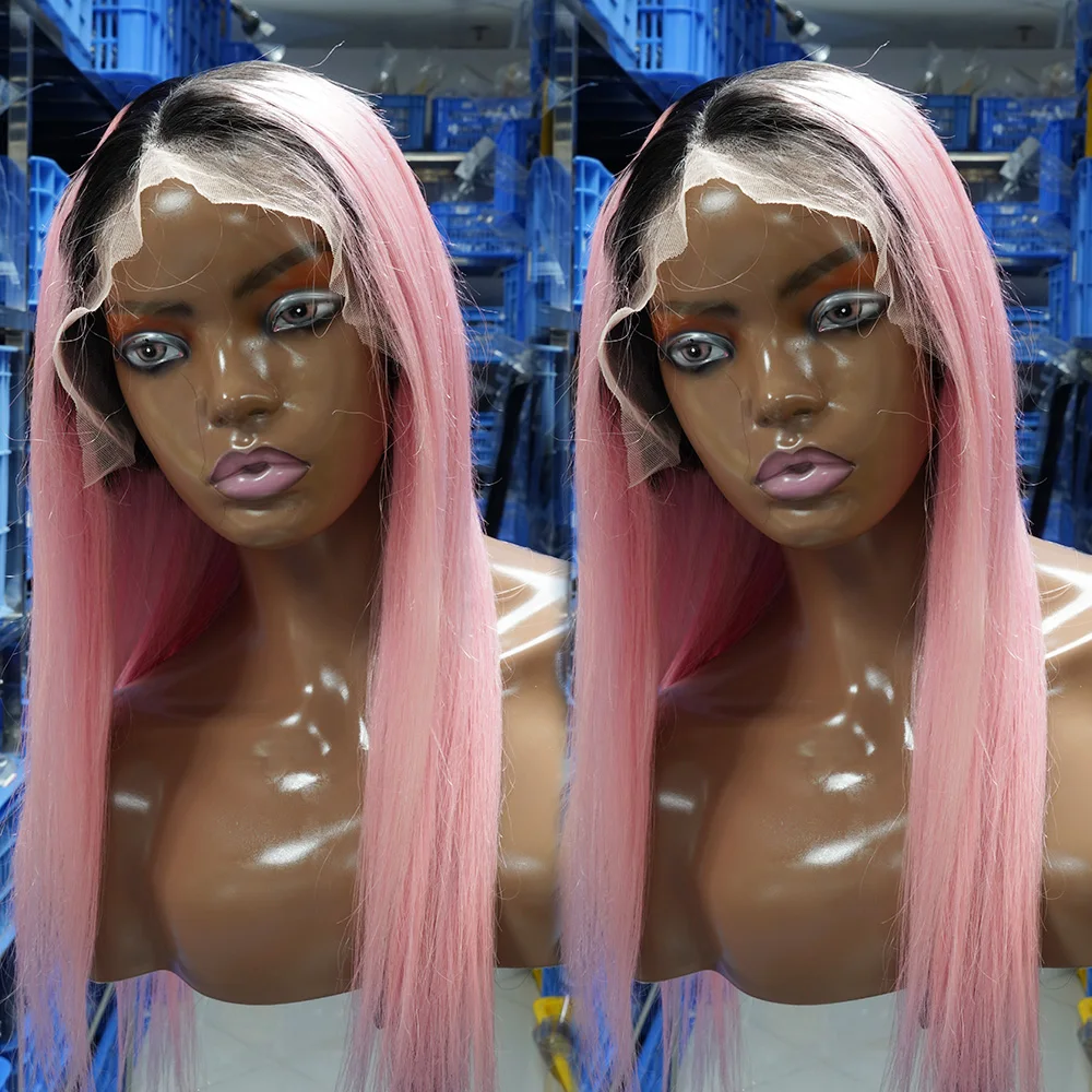 Ready Stock Straight Color Pink Lace Front Wig Human Hair,1b/Pink 13x4 Frontal 150% 20 Inch Straight Bob Wig
