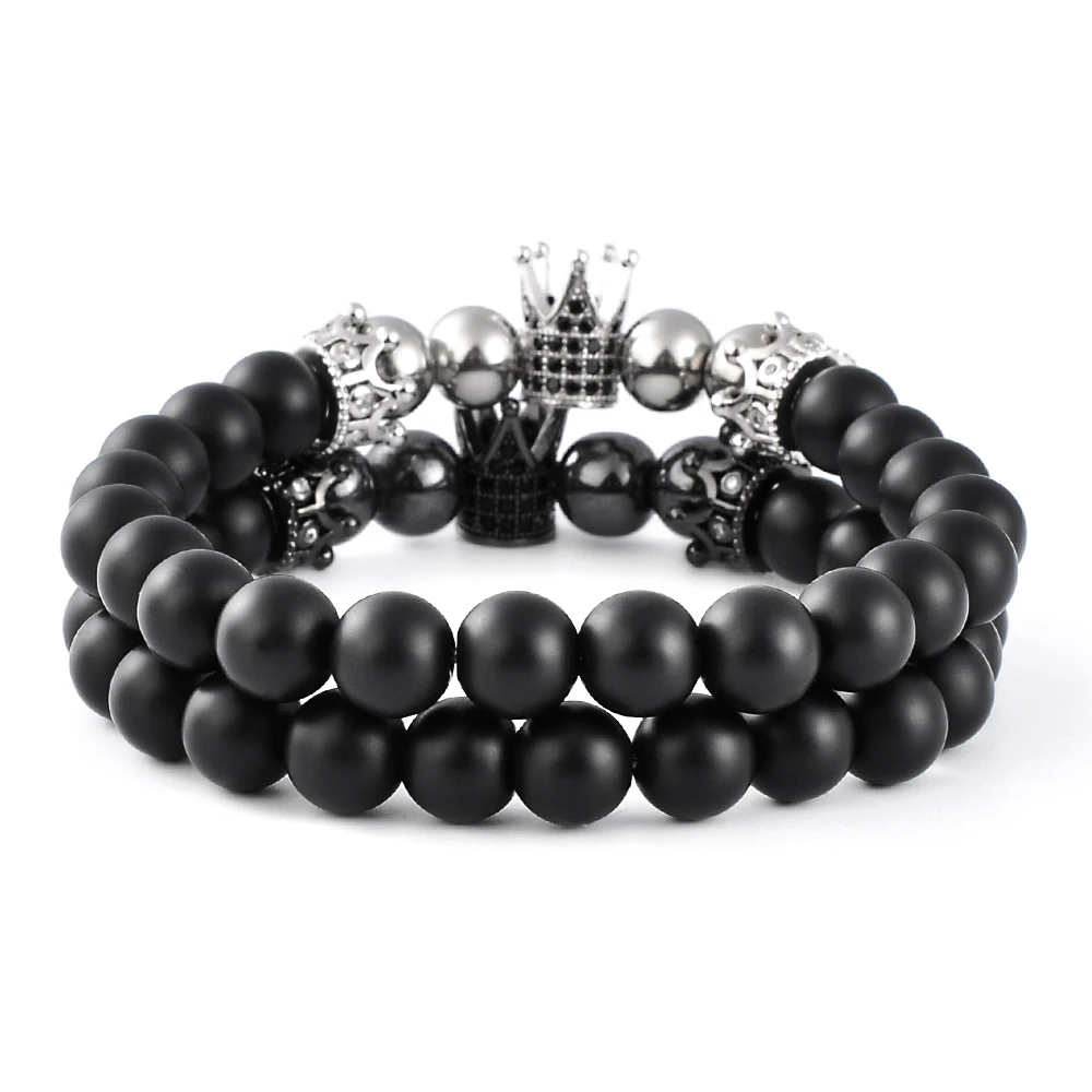 F250 Black Agate Stainless Steel Handmade Manufacturers Wholesale Fashion Jewelry Crown Onyx Beads Bracelet For Men