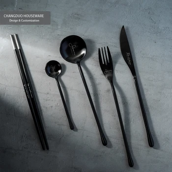 Black round handle stainless steel metal matte plated spoon knife fork chopsticks cutlery set  flatware gift customized logo