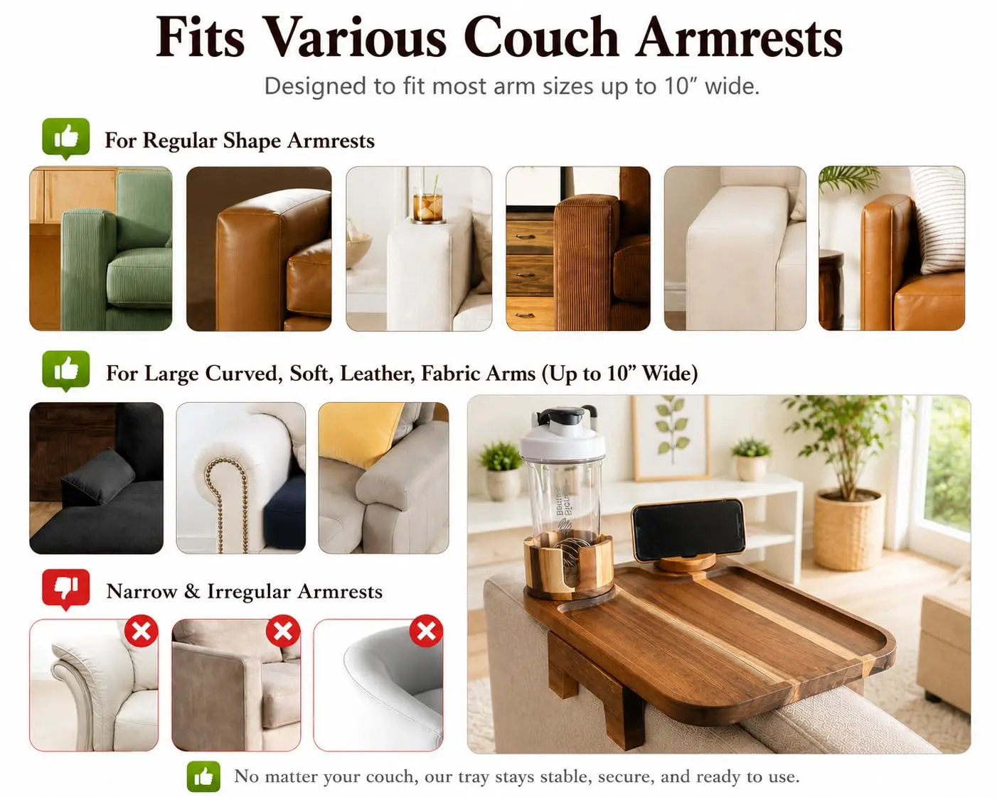 product acacia wood couch arm tray sofa armrest table with cup holder phone holder sofa side organizer for home living room-7