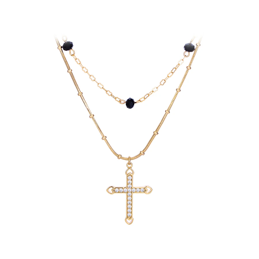46916 Xuping fashion jewelry gold plated two layer rosary cross pendant bead necklace for women
